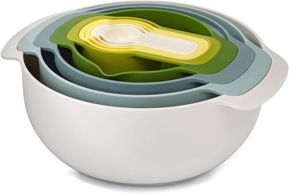 Joseph Joseph Nest 9 Plus, 9 Piece Compact Food Preparation Set with Mixing Bowls, Measuring cups, Sieve and Colander, MultiColor
