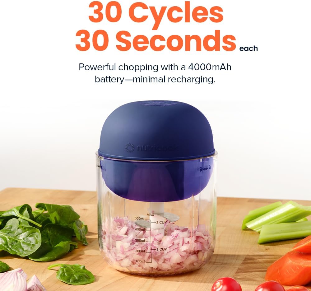 Nutricook Choppi Cordless Electric Vegetable Chopper & Mini Food Processor for Dicing, Shredding, Mincing, and Puree, Portable and Rechargeable, 2-Cup, 500 mL, 4000 mAh Battery, Sage Green