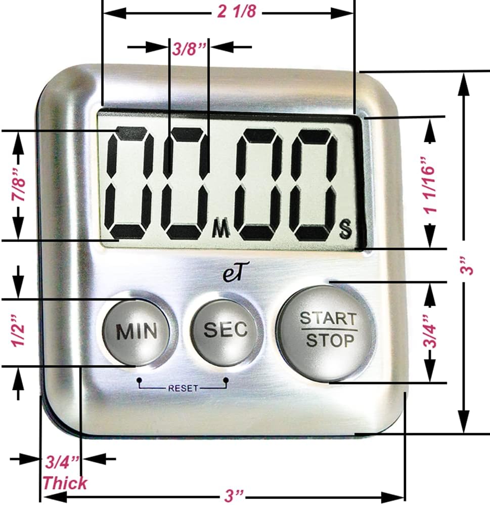 Elegant Digital Kitchen Timer Stainless Steel - Plumberry - Strong Magnetic Back - Kickstand - Loud Alarm - Large Display - Auto Memory - Auto Shut-Off - Model eT-24 (Plumberry) by eTradewinds