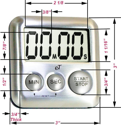 Elegant Digital Kitchen Timer Stainless Steel - Plumberry - Strong Magnetic Back - Kickstand - Loud Alarm - Large Display - Auto Memory - Auto Shut-Off - Model eT-24 (Plumberry) by eTradewinds