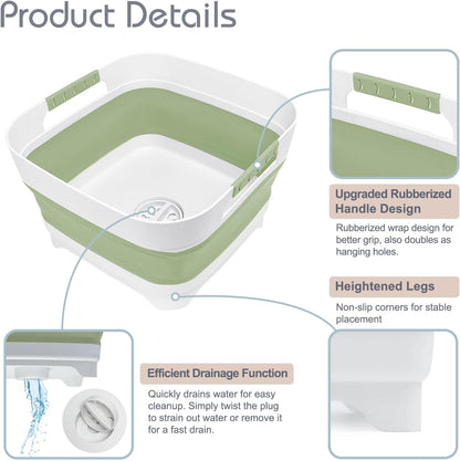 Collapsible Dish Basin with Drain Plug, 2.4 Gal 9L Foldable Wash Basin, Portable Sink Tub for Kitchen, Baby Bottles, Camping, RV, Vegetable Washing and Beverage Tub, Gray