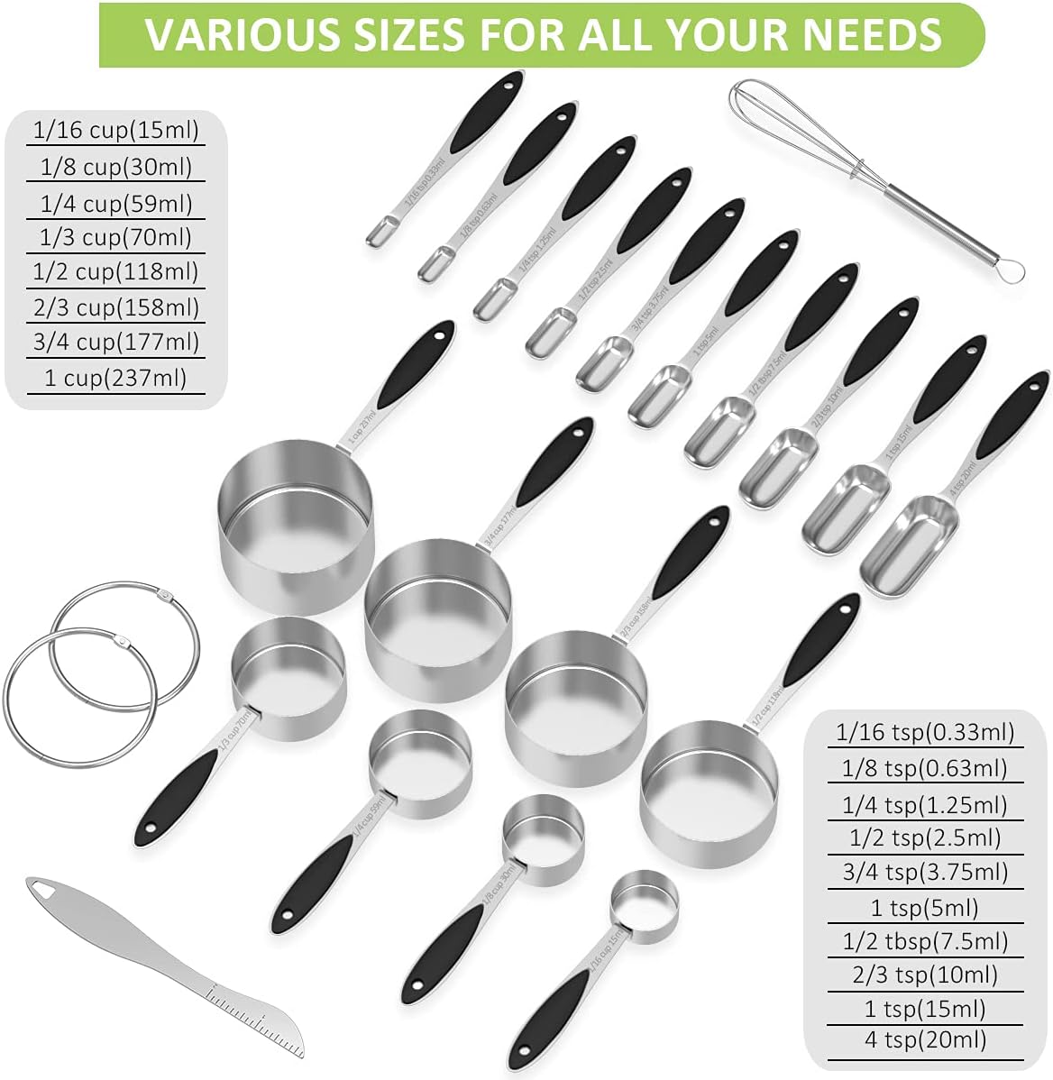Measuring Cups and Measuring Spoons Set, Wildone Stainless Steel 8 Measuring Cups, 10 Measuring Spoons, 1 Leveler 1 Whisk & 5 Mini Spoons, for Dry and Liquid Ingredient - 25 Piece Multicolor