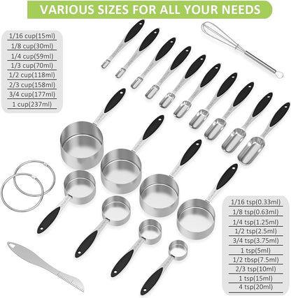 Measuring Cups and Measuring Spoons Set, Wildone Stainless Steel 8 Measuring Cups, 10 Measuring Spoons, 1 Leveler 1 Whisk & 5 Mini Spoons, for Dry and Liquid Ingredient - 25 Piece Multicolor