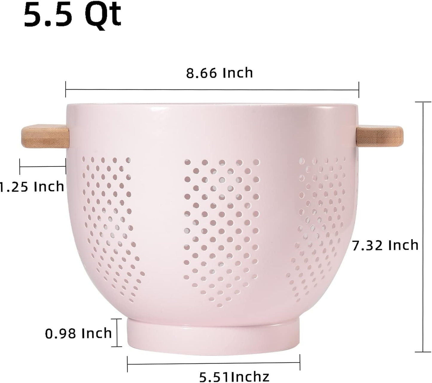 Metal Colander with Wood Handle and Stable Base, 5.5 Quart Powder Coated Steel Kitchen Strainer Basket for Draining Pasta, Vegetable and fruit,Cream