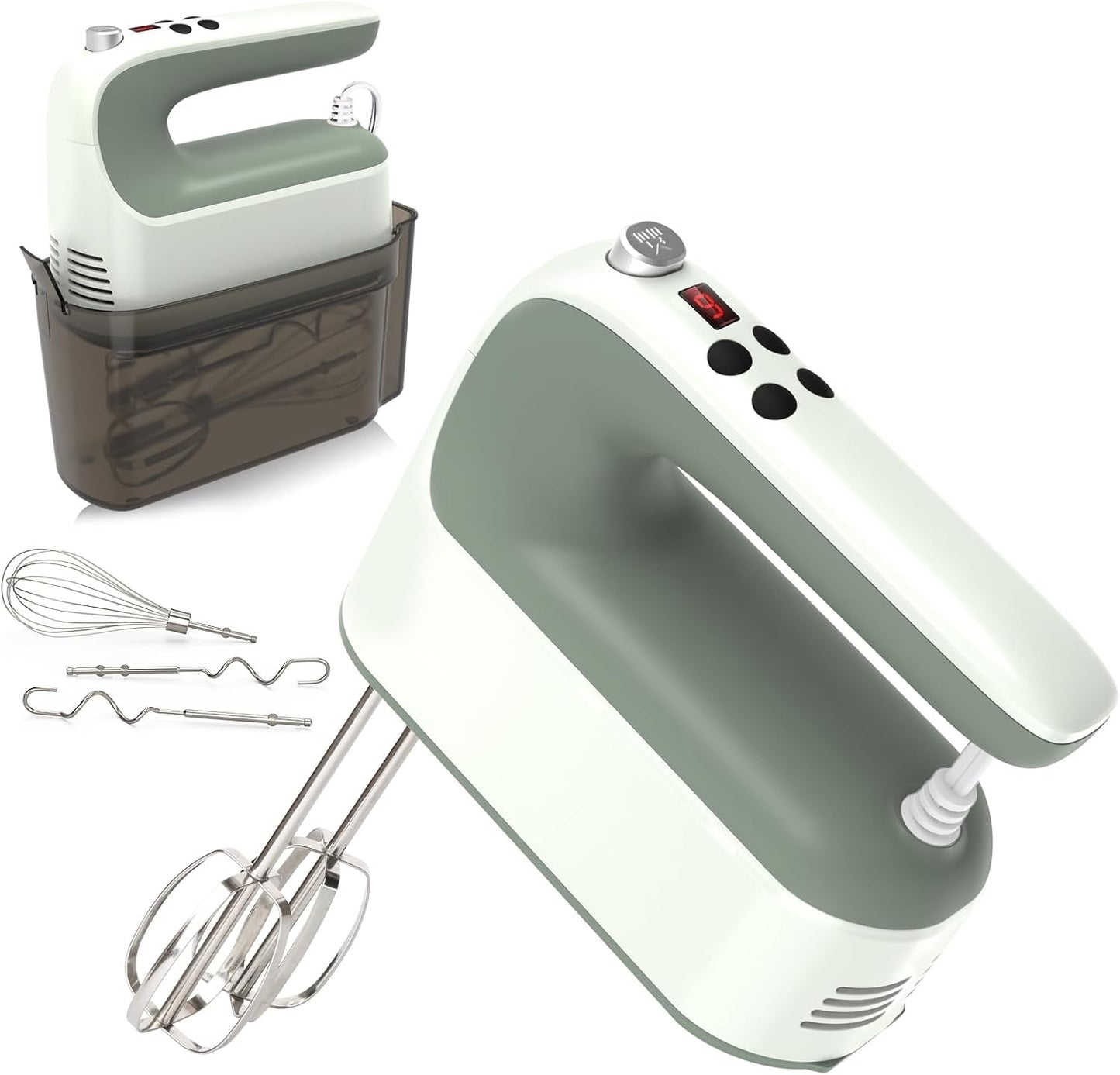 Yomelo 9-Speed Digital Hand Mixer Electric, 400W Powerful DC Motor, Hand Mixer Electric Handheld with Snap-On Storage Case, 5 Stainless Steel Accessories, Beaters, Dough Hooks, Whisk(Ice Blue/Black)