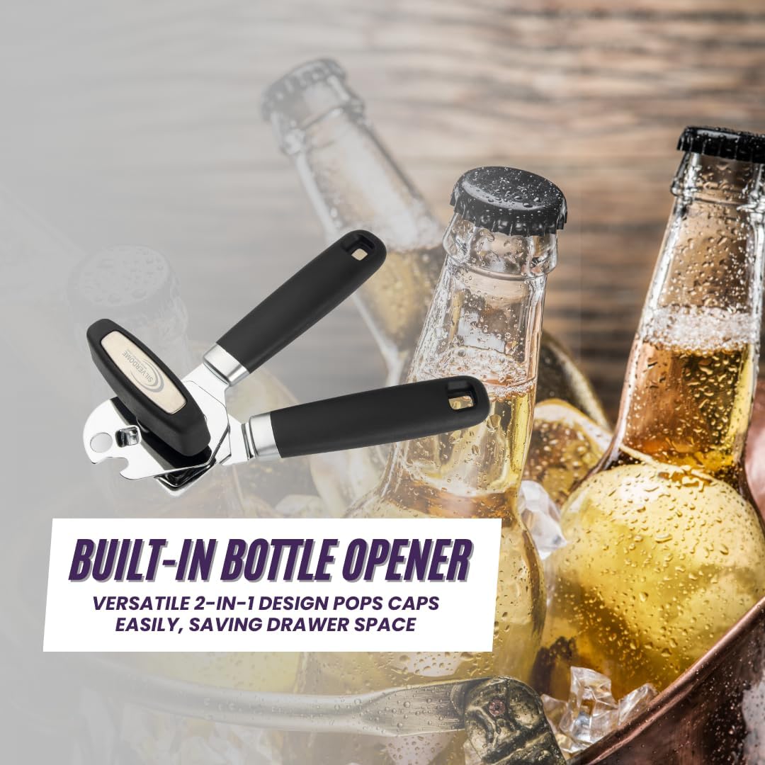 Heavy Duty Stainless Steel Manual Can Opener with Bottle Opener Function- Rust Proof and with Soft Grip Handle, razor sharp, smooth and easy cutting,