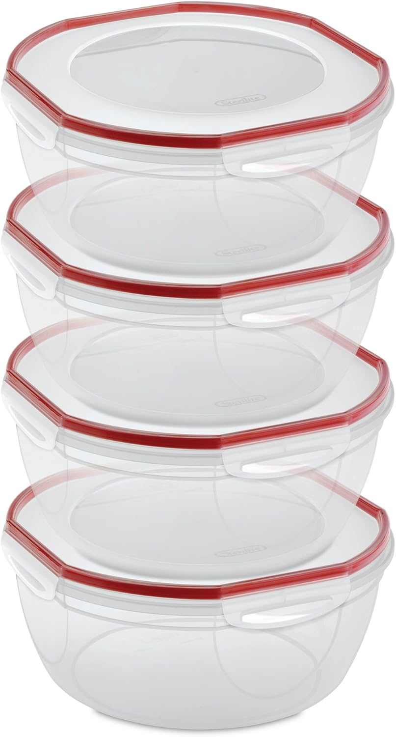 Sterilite Ultra-Seal 8.1 Qt Bowl, Large Airtight Food Storage Container, Latching Lid, Microwave and Dishwasher Safe, Clear With Red Gasket, 2-Pack