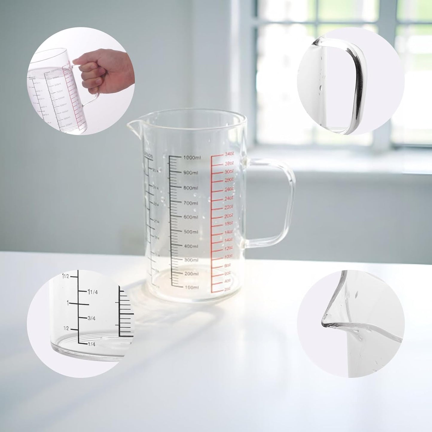 Glass Measuring Cup 4 Cup / 1000ML - Clear Glass Measuring Cup with Handle & V-Shaped Spout, Triple Scale (ML/OZ/Cup), Liquid Measuring Cup for Cooking & Baking