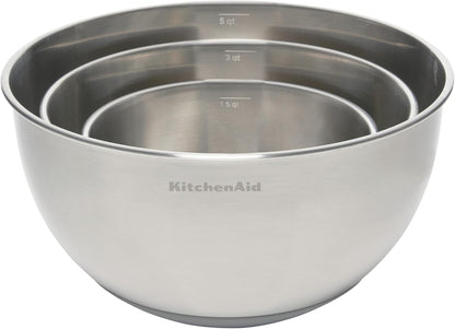 KitchenAid Universal Nesting Plastic Mixing Bowls, Set Of 3, 2.5 quart, 3.5 quart, 4.5 quart, Non Slip Base with Easy Pour Spout to Reduce Mess, Dishwasher Safe, Aqua Sky, White, Gray