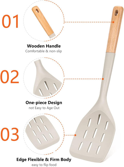 Badiano Pack of 3 Silicone Spatula, Non Stick Cooking Utensil Set, Wooden Handle Kitchen Turner for Baking Mixing Grilling Serving Food Heat Resistant, Black