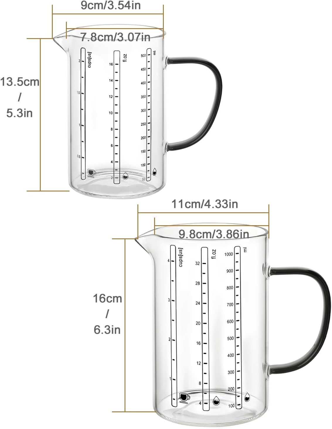 LIBWYS Glass Measuring Cup, 1000ml (32oz)+500ml (16oz) with Anti-slip Silicone Pad, Heat-resistant Borosilicate Glass Liquid Measuring Cup