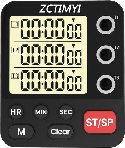 Digital Dual Kitchen Timer, 3 Channels Count Down/Up Multi Timer with Memory-Preset Magnetic Back & Large Display Adjustable Alarm Volume, Suit for Food Cooking, Black