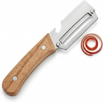 Premium Vegetable Peeler with Ergonomic Wooden Handle & Built-in Bottle Opener - Professional Stainless Steel Blade for Potato, Apple, Pumpkin - Multi-functional Kitchen Tool for Effortless Peeling