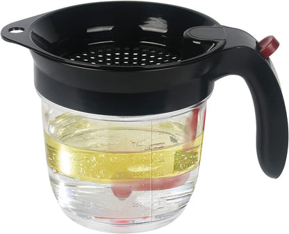 Fat Separator with Bottom Release - 4 Cup/32oz Gravy Separator, Grease Skimmer with Top Strainer & Measurement Marks - Heat Resistant Oil Separator for Healthy Cooking, Soup, Sauce & Stock