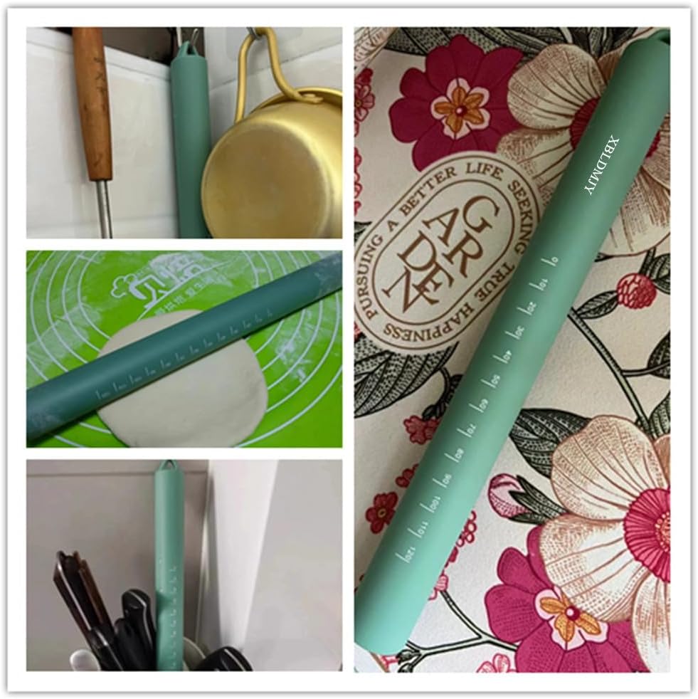 Small stainless Steel Inner Core Silicone Rolling Pin Non-stick Dough Roller (Green)