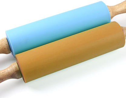 Silicone Rolling Pin, Green 9 Inch Pin with Wooden Rotatable Handle for Dough of Baking Bread, Cookie, Pizza (green, 9 inch)