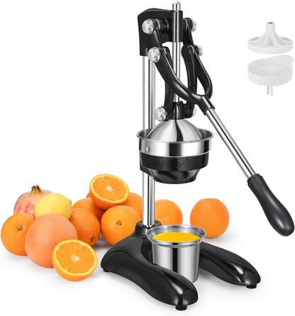 TONGCHANT Manual Juicer, Heavy Duty Cast Iron Juicer | Hand Press Juicer for Orange Lemon Lime Pomegranate & Citrus Fruits, High Leverage for Easy Juicing, Stainless Steel Cup, Easy to Clean, Black