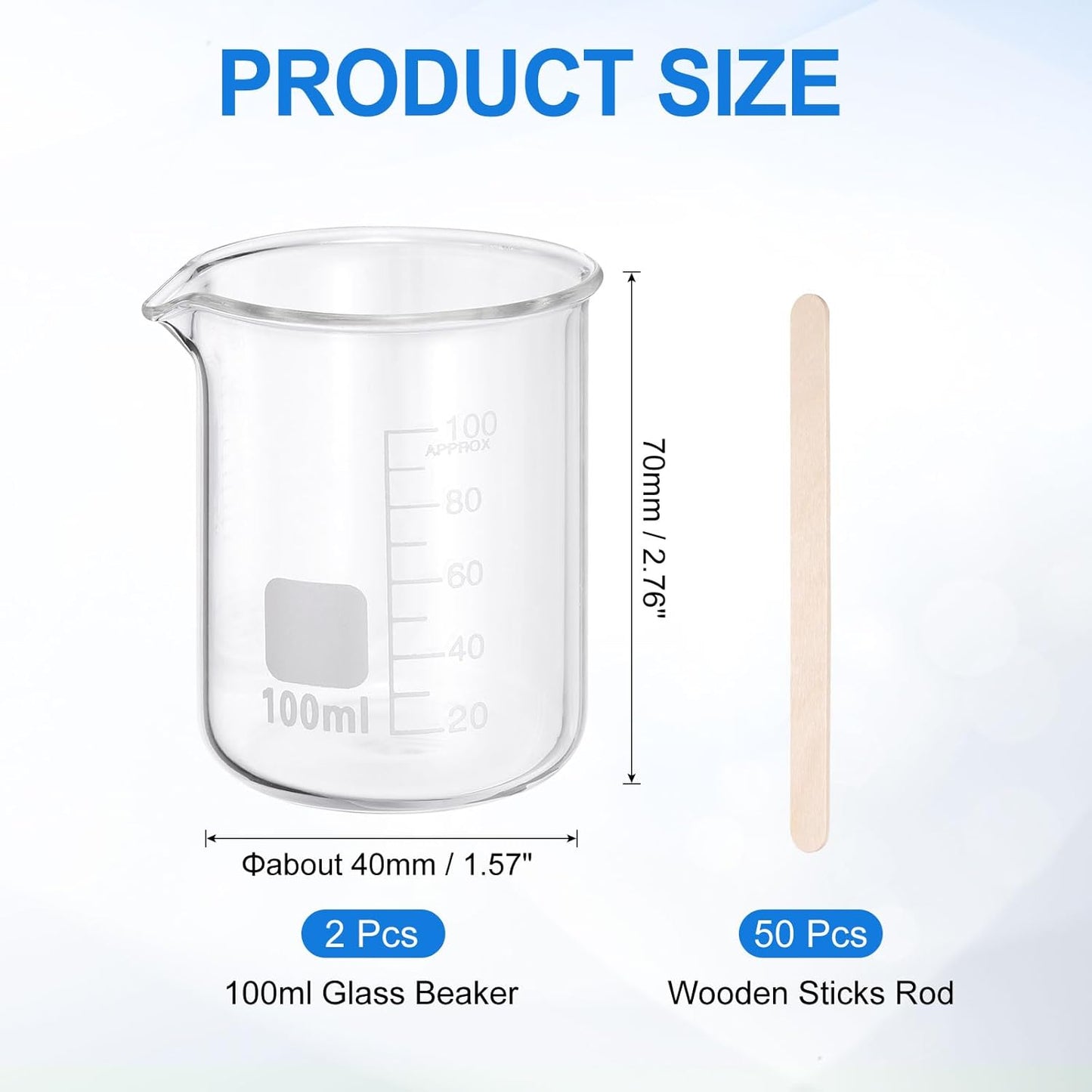 PATIKIL 250ml Glass Beaker, 2 Pack Measuring Glass Beaker Graduated Borosilicate Lab Cups Mug Low Form Heat Safe Transparent with 50pcs Wood Sticks for Laboratory Science Kitchen Liquids
