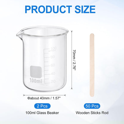 PATIKIL 250ml Glass Beaker, 2 Pack Measuring Glass Beaker Graduated Borosilicate Lab Cups Mug Low Form Heat Safe Transparent with 50pcs Wood Sticks for Laboratory Science Kitchen Liquids