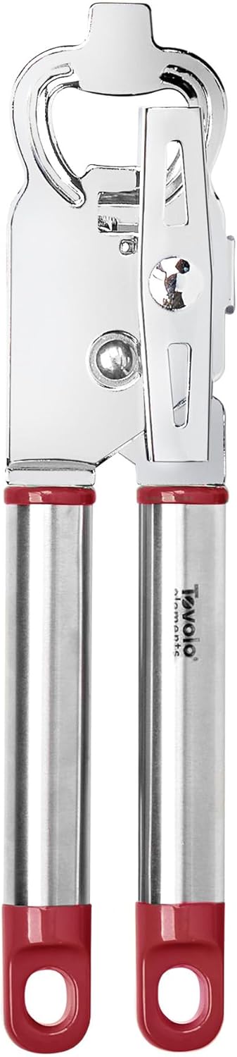 Tovolo Can Opener Manual Heavy Duty 2 in 1 Stainless Steel with Bottle Opener Kitchen Tool Easy Turn Handle Charcoal Gray, Smooth Edge Safe Cut No Sharp Edges Manual Hand Held Can Opener for Tin Cans