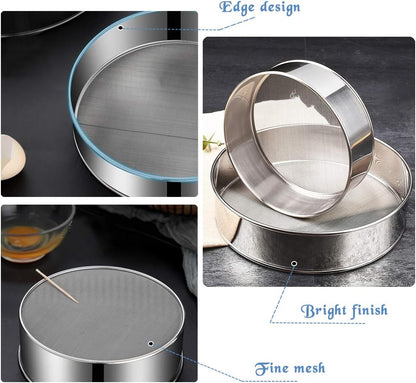 2 Pack Flour Sifter,Stainless Steel Fine Mesh Strainers Flour Sieve,60 Mesh Round Sifter for Baking Cake Bread (6-Inch and 8-Inch)