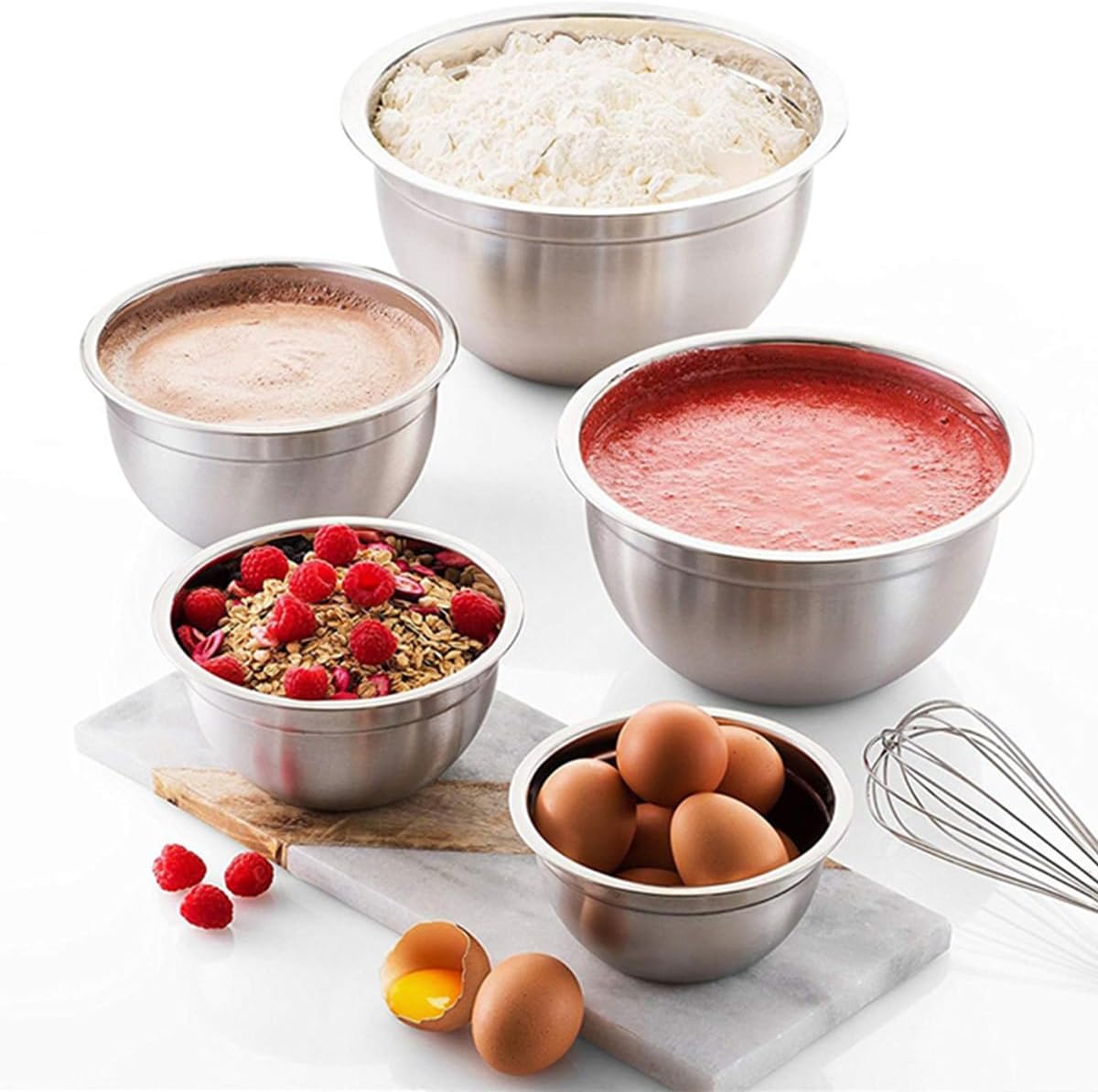 Mixing Bowls, 5Pcs Stainless Steel Mixing Bowl Set, Utensils for the Kitchen, Multifunctional, Stackable, Dishwasher Safe, 3.75L / 3.25L / 2.5L / 2L / 1.3L (With lid)