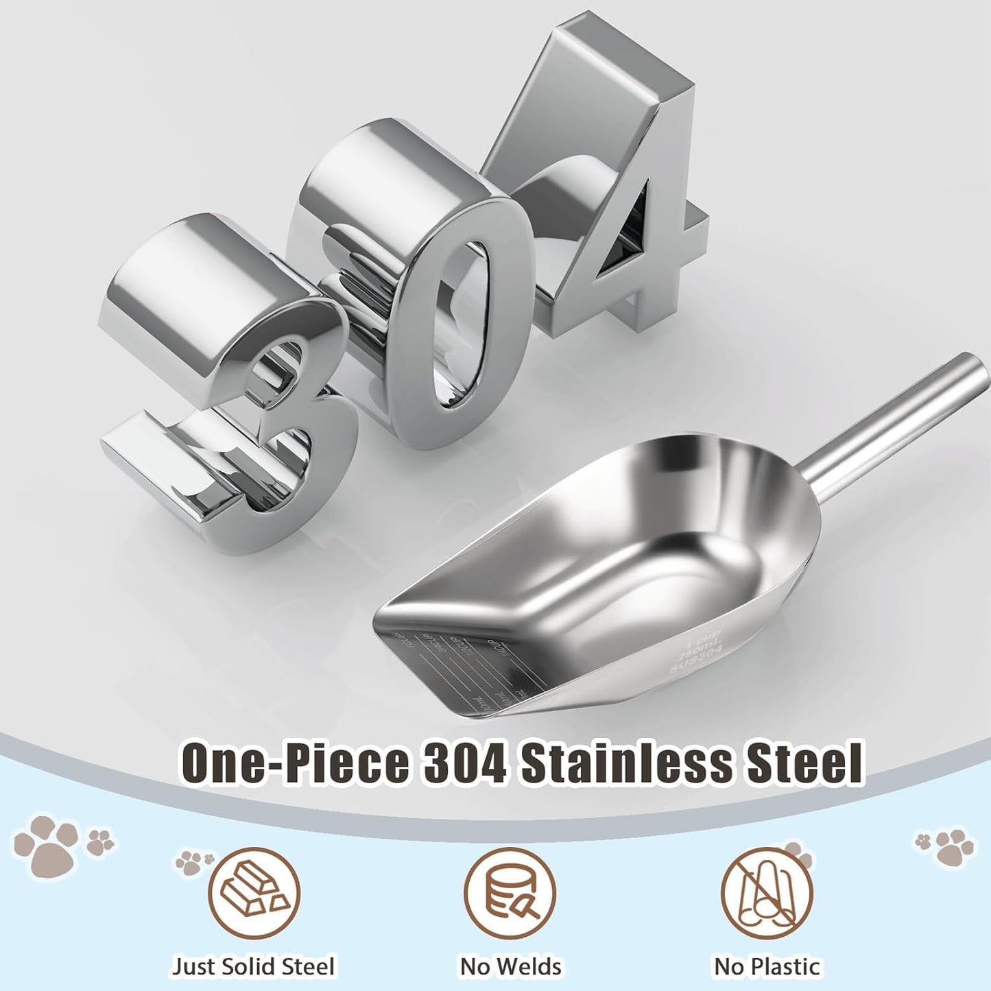 Dog-Cat Food Scoop 1 Cup – Thickened 304 Stainless Steel Pet Food Scoop with Long Handle, Precision Scale, Easy to Clean, Suitable for Wet Dry Food
