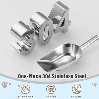 Dog-Cat Food Scoop 1 Cup – Thickened 304 Stainless Steel Pet Food Scoop with Long Handle, Precision Scale, Easy to Clean, Suitable for Wet Dry Food