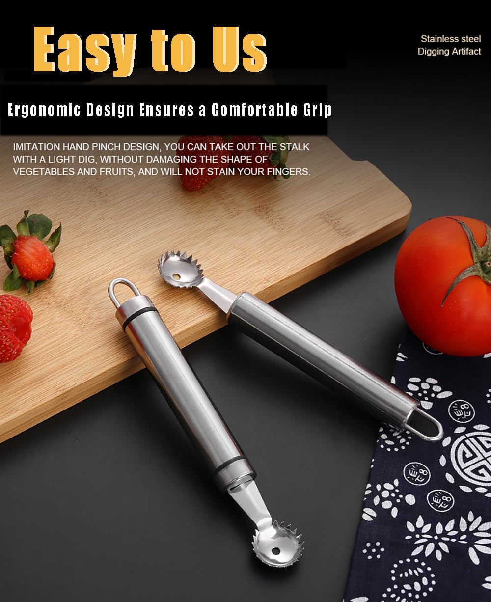 2PCS Stainless Steel Strawberry Huller and Tomato Stem Corer Tool,Fruit Stem Corer Remover Tool with Serrated Slice,Multi-Function Corer Pitter Remover Gadgets Kitchen Tool