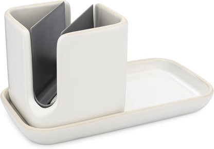 Full Circle Stash, Ceramic Kitchen Sink Caddy, Stylish Sponge Holder & Dish Brush Organizer, Easy to Clean, Dishwasher Safe, Rustproof, White and Gray