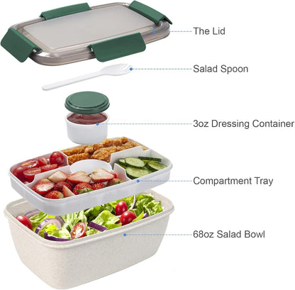 Freshmage Large Salad Container for Lunch, 2 Packs 68oz Salad Bowls with 5 Compartments, Salad Dressings Container for Salad Toppings, Snacks, Men, Women (Pink+Blue)