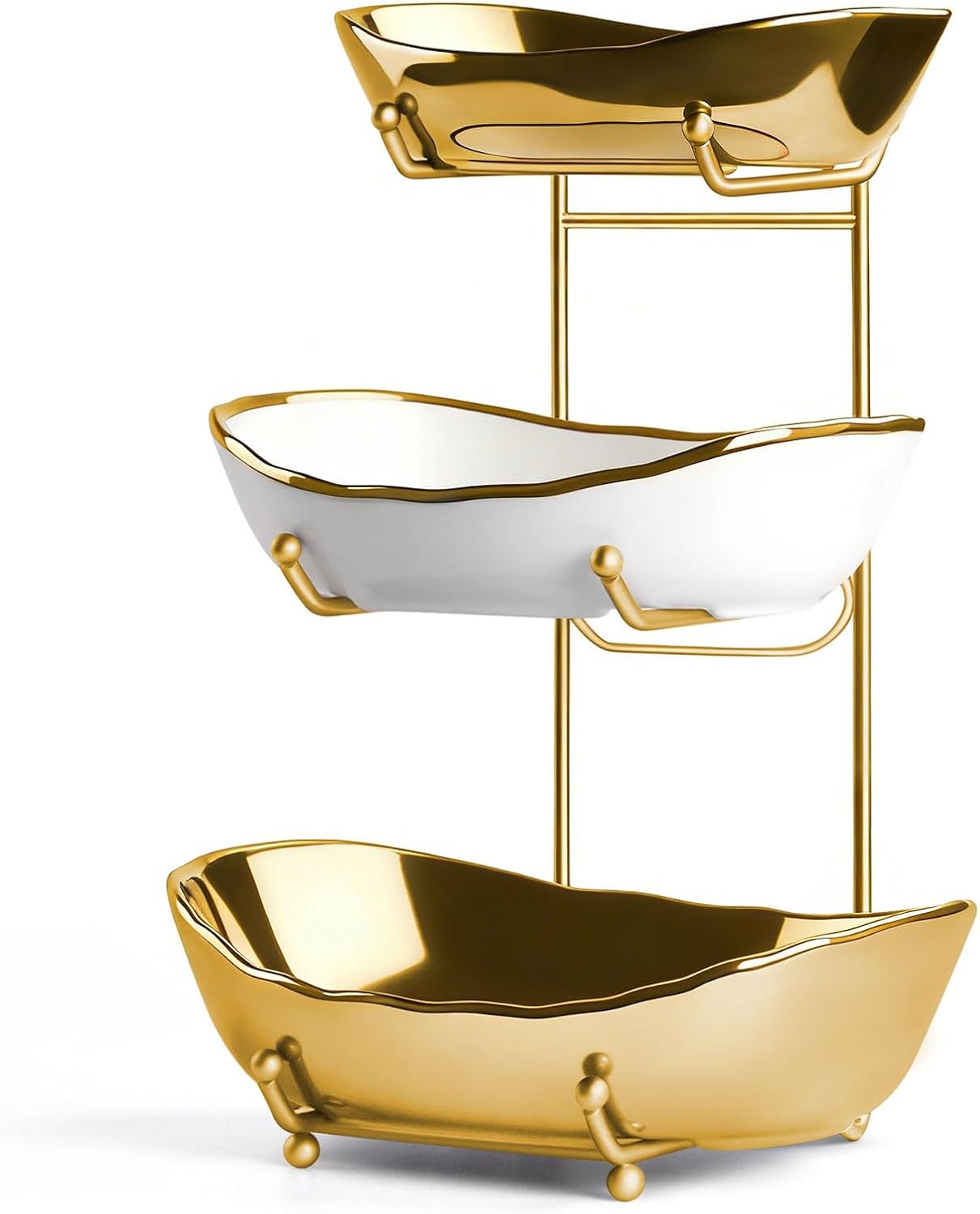 Fruit Bowl for Kitchen Counter, 3 Tier Ceramic Fruit Basket with Metal Stand, Tiered Fruit Stand for Countertop, Modern Multi Serving Bowl for Party Dessert, Vegetable, Snack