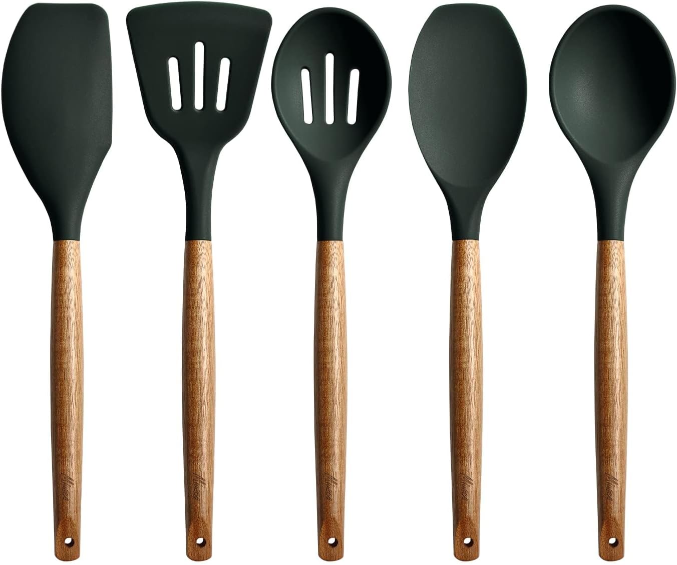 Kitchen Utensils Set, Silicone Cooking Utensils Set,Non-Stick Silicone Spatula Set with Natural Acacia Hard Wood Handle, 5 Piece, Upgraded Thickened Cookware