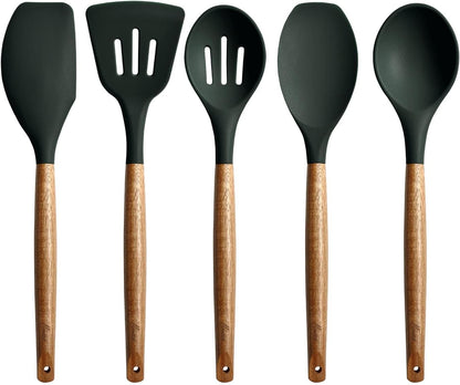 Kitchen Utensils Set, Silicone Cooking Utensils Set,Non-Stick Silicone Spatula Set with Natural Acacia Hard Wood Handle, 5 Piece, Upgraded Thickened Cookware