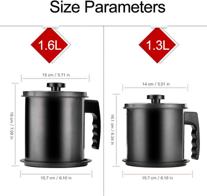 Cambom Bacon Grease Container with Fine Mesh Strainer, 1.3 L almost 6 Full Cups Iron Cooking Oil Can with Removable a Coaster Tray for Kitchen Fat Storage Black