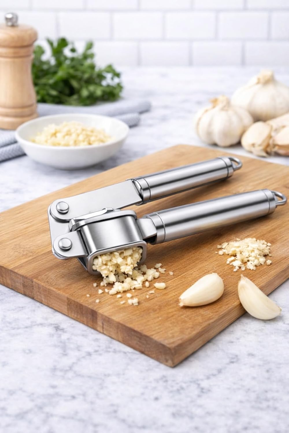 Stainless Steel Garlic Press, Heavy Duty Garlic Crusher Mincer, Easy Squeeze Ergonomic Handle, Kitchen Tool for Garlic Ginger