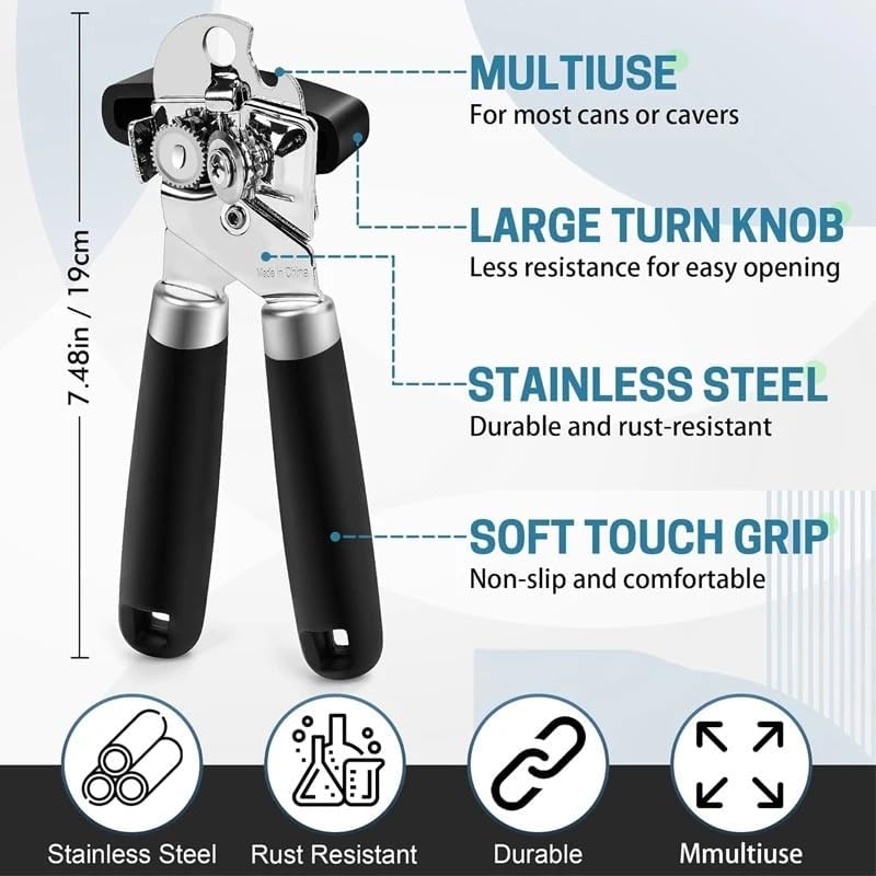 Premium Stainless Steel Manual Can Opener – Heavy Duty, Smooth Edge Design with Soft Grip Handle & Easy Turn Knob, Ergonomic Bottle Can Opener for Seniors & Kitchen Essentials, Black