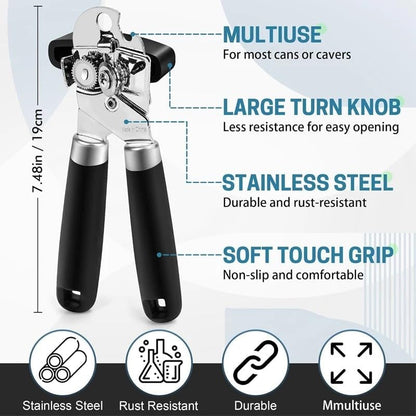 Premium Stainless Steel Manual Can Opener – Heavy Duty, Smooth Edge Design with Soft Grip Handle & Easy Turn Knob, Ergonomic Bottle Can Opener for Seniors & Kitchen Essentials, Black