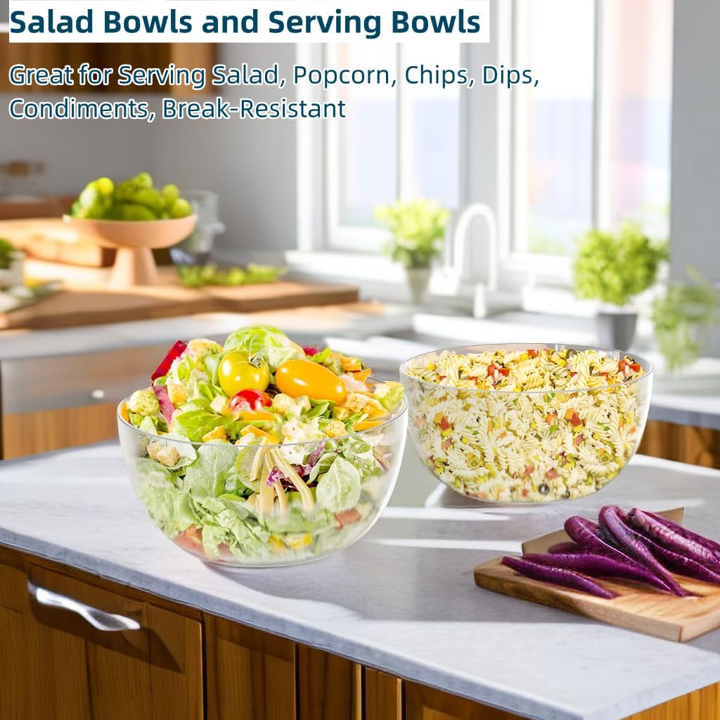 Large Acrylic Salad Bowls and Serving Bowls, Great for Serving Salad, Popcorn, Chips, Dips, Condiments, Break-Resistant Set of 2, Clear 146 oz
