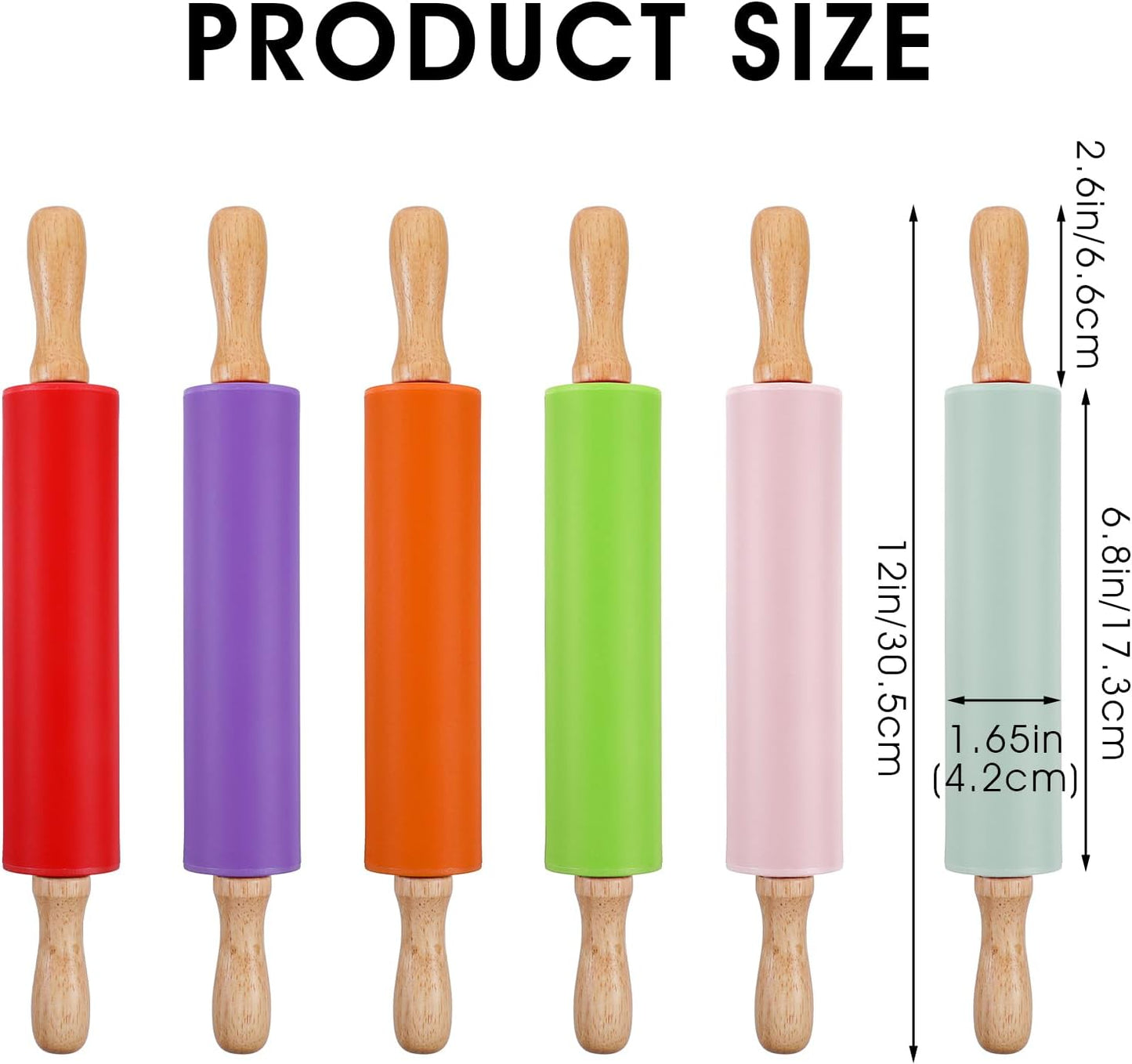 6 Pack Small Rolling Pins for Kids, Silicone Rolling Pin with Wooden Handle, Mini Rolling-Pins for Dough, Cookie, Pastry, 12 Inch (6 Colors)