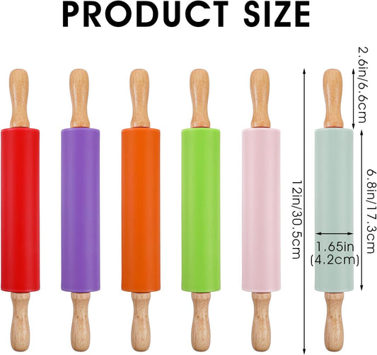 6 Pack Small Rolling Pins for Kids, Silicone Rolling Pin with Wooden Handle, Mini Rolling-Pins for Dough, Cookie, Pastry, 12 Inch (6 Colors)