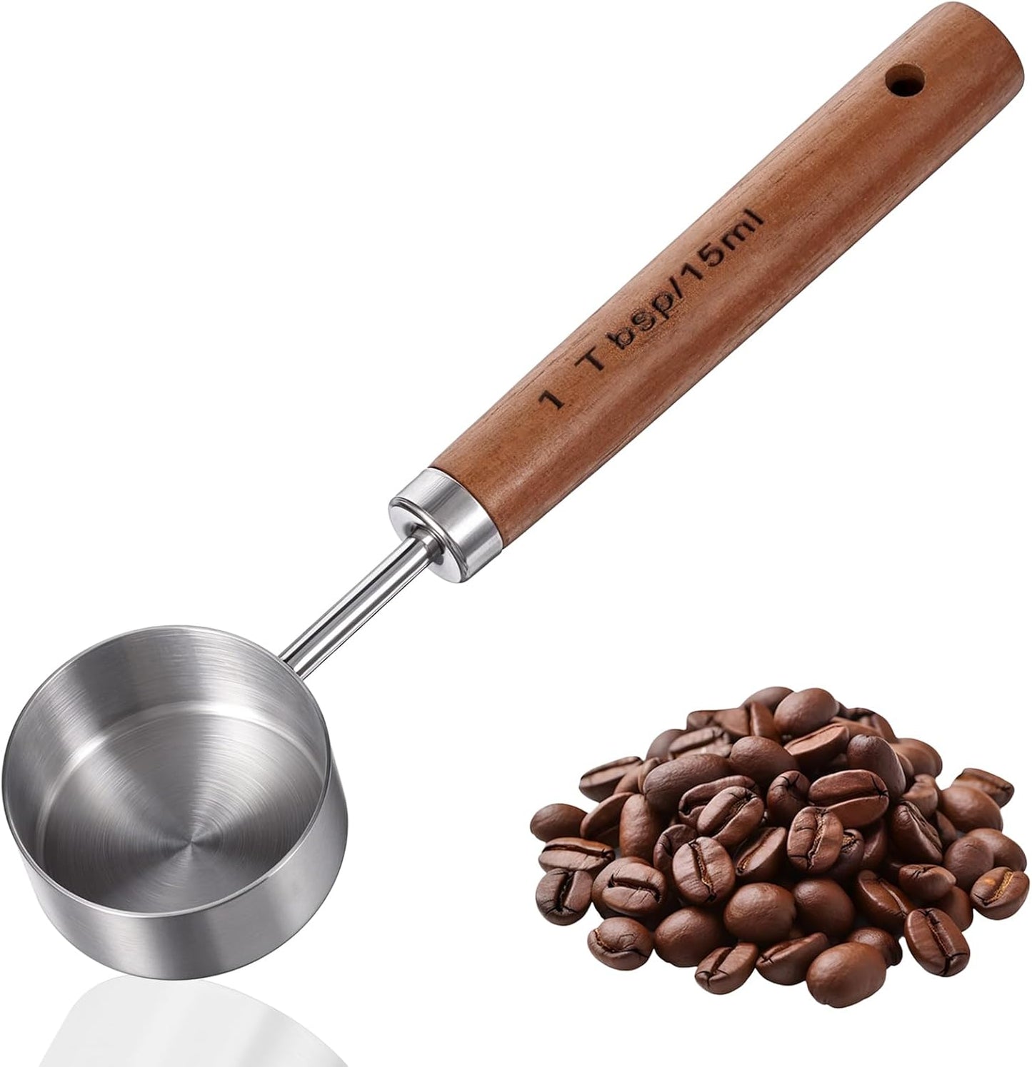 Coffee Measuring Spoon, Vintage Coffee Measuring Scoop 1 Tablespoon 15ml Stainless Steel Coffee-Spoon with Walnut Handle for Ground Coffeebeans Tea and More (Silver)