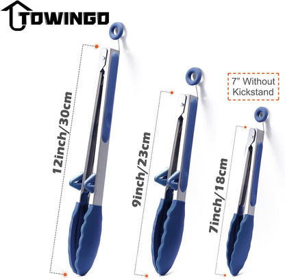 Silicone Kitchen Tongs, 3Pcs Tongs for Cooking with Silicone Tips, Food Grade Small Tongs, Mini Serving Tongs for BBQ Salad, Green, 7"+9"+12"