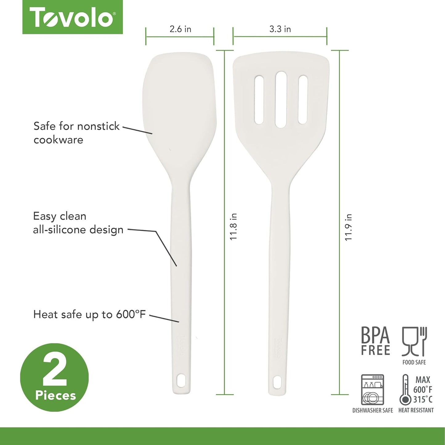 Tovolo Elements Silicone Spatula Turner Set Kitchen Utensils Heat Resistant 600F Easy Clean Dishwasher Safe Nonstick Spatula Turner Bundle Cookware for Cooking Baking Mixing Tools, Thyme Green