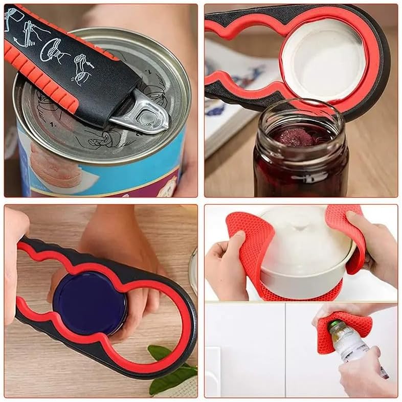 5 in 1 Bottle Opener, Multi Use Jar Opener, Non Slip Jar Opener Grip Pad - Easy to Use for Everyday Kitchen Tasks, Ideal for Weak Hand Strength (Red)