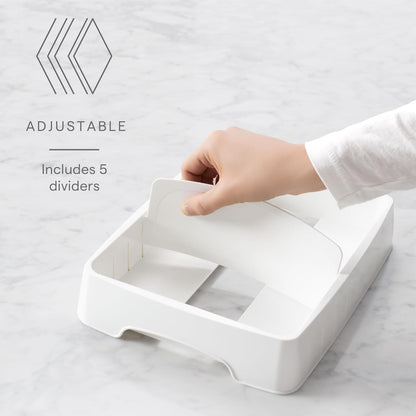 YouCopia StoraLid Food Container Lid Organizer for Kitchen Cabinet Storage with 5 Adjustable Dividers, 10.5''D × 13.4''W × 3.3''H, Large Classic Edition, White