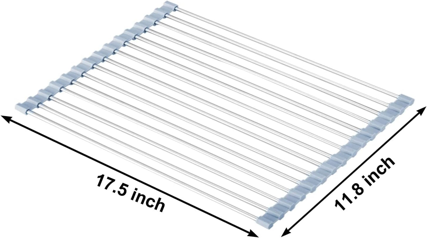 MECHEER Over The Sink Dish Drying Rack, Roll Up Dish Drying Rack Kitchen Dish Rack Stainless Steel Sink Drying Rack, Foldable Dish Drainer, Gray (20.4''x13.7'')