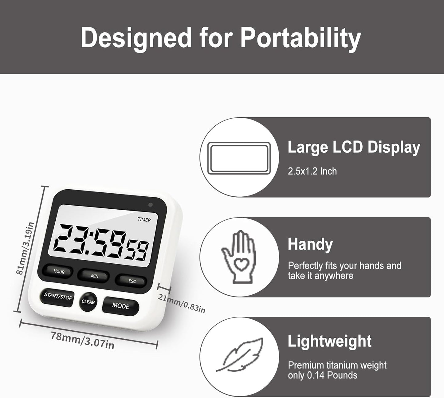 Digital Kitchen Timer with Mute/Loud Alarm,Count Up/Down, 24 Hour Clock and Alarm Function for Kids Teacher Cooking