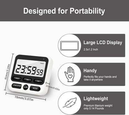 Digital Kitchen Timer with Mute/Loud Alarm,Count Up/Down, 24 Hour Clock and Alarm Function for Kids Teacher Cooking
