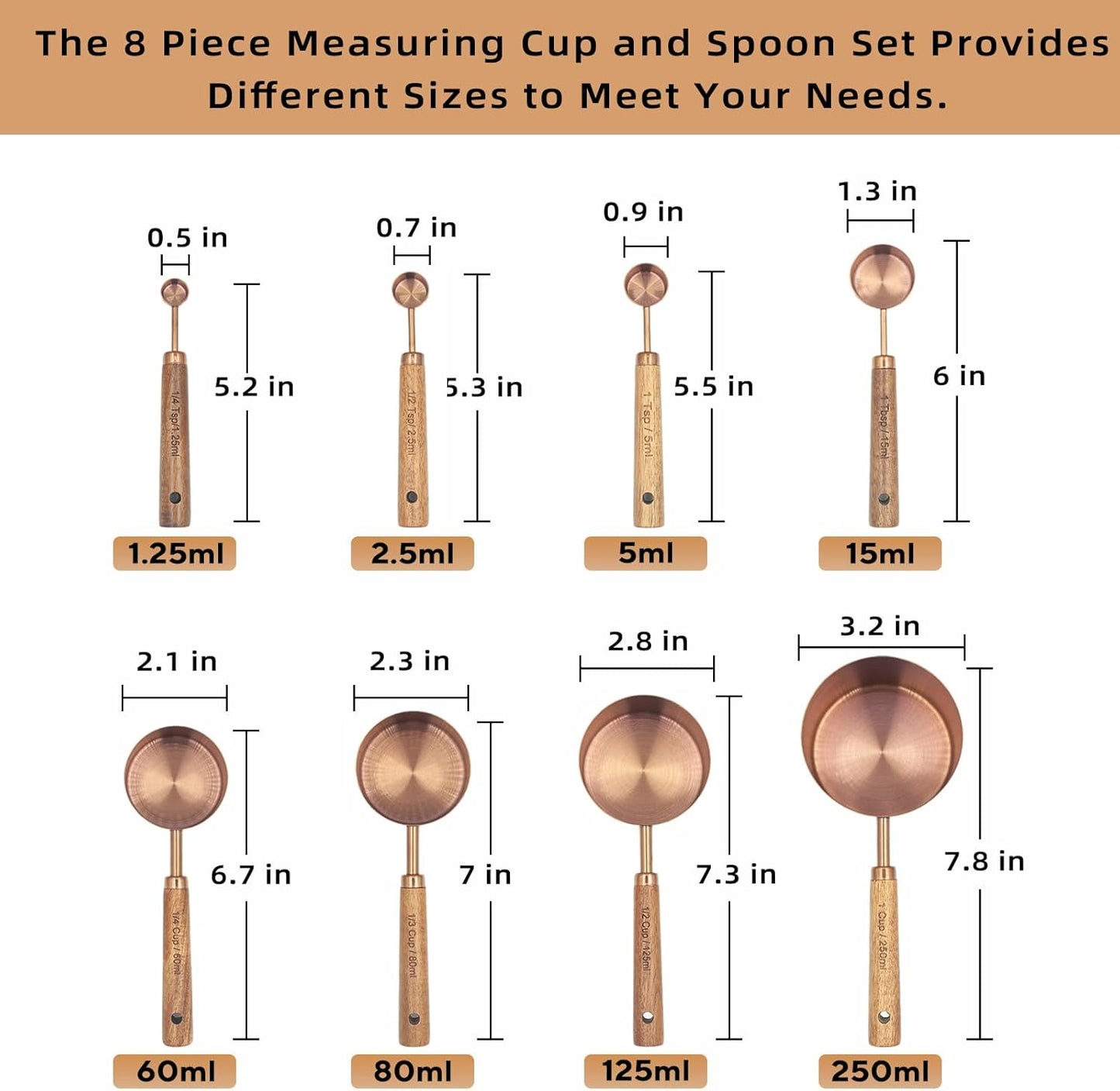 Measuring Cups and Spoons Set of 8, Golden Stainless Steel Measuring Cup with Wooden Handle, Kitchen/Food/Liquid/Baking (gold)